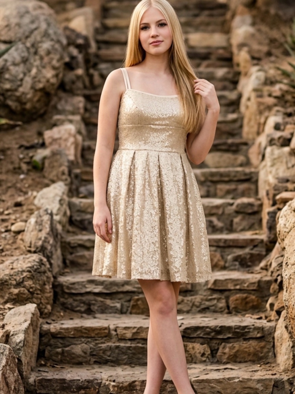 ABC Fashion Custom Champagne Sequin Midi Dress with double spaghetti straps
